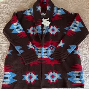 Lucky Brand Open Front Heavy Cozy Southwestern Brown, Red, and Blue Cardigan